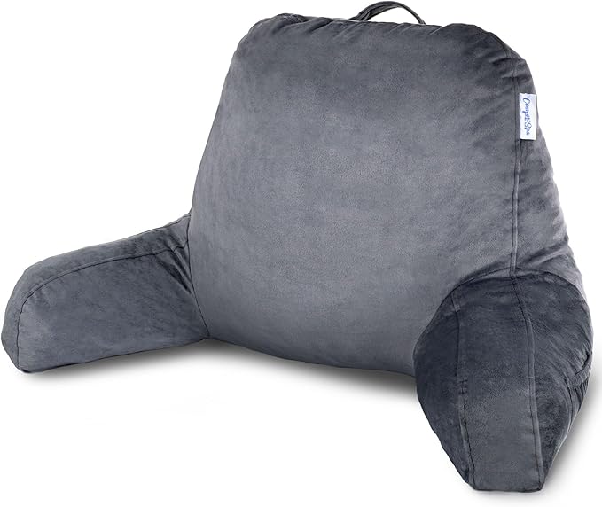 ComfortSpa Reading Pillow for Bed Adult Size, Back Rest Pillow with Arms, Pockets and Washable Cover; Use as a Back Pillow for Sitting in Bed for Bedrest or Relief from GERD Heartburn (Grey) - LeafyLoom