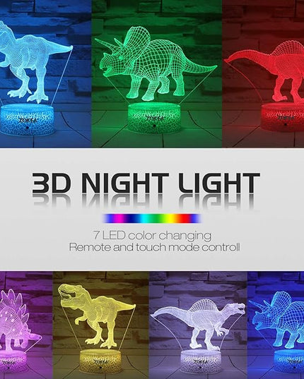 Dinosaur Toys, Dinosaur Gifts for Boys 7 Colors Changing 3D Dinosaur Night Light (4 Patterns) with Timer & Remote Control & Smart Touch, Gifts for Boys Girls Age 2 3 4 5 6 7 8 Year Old Boy Gifts - LeafyLoom