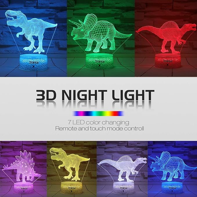 Dinosaur Toys, Dinosaur Gifts for Boys 7 Colors Changing 3D Dinosaur Night Light (4 Patterns) with Timer & Remote Control & Smart Touch, Gifts for Boys Girls Age 2 3 4 5 6 7 8 Year Old Boy Gifts - LeafyLoom