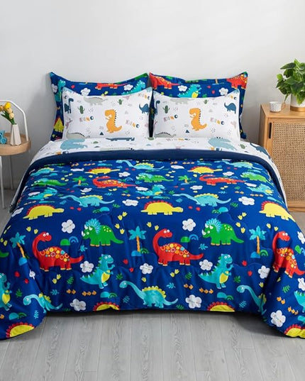 Wajade 7 Piece Kid Boys Dinosaur Comforter Set Twin Size 3D Blue Dinosaur Wild Park Jungle Print Bedding Set with Comforter, Sheet Set, Pillowcase and Sham - LeafyLoom