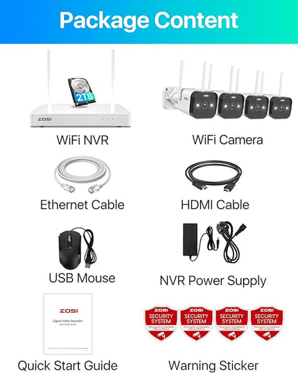 ZOSI 2.5K WiFi Security Camera Wireless Outdoor System,2TB HDD,8 Channel NVR for 24/7 Recording,4 x 4MP Cameras for Home with Color Night Vision,Person Vehicle Detection,2-Way Talk,Siren Alarm,Plug-in ZOSI