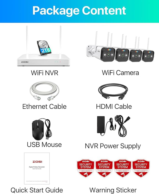 ZOSI 2.5K WiFi Security Camera Wireless Outdoor System,2TB HDD,8 Channel NVR for 24/7 Recording,4 x 4MP Cameras for Home with Color Night Vision,Person Vehicle Detection,2-Way Talk,Siren Alarm,Plug-in ZOSI