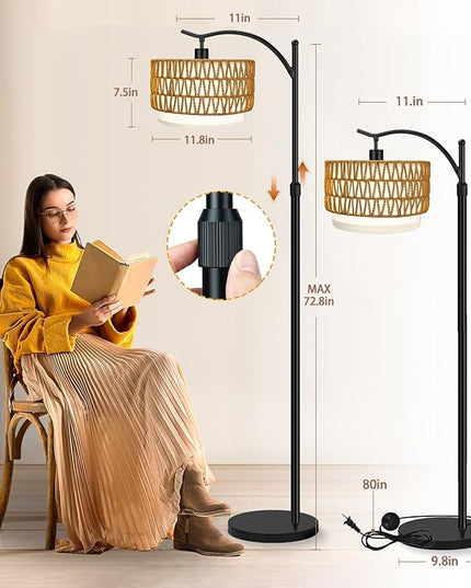 Arc Floor Lamp for Living Room with 3 Color Temperatures, Farmhouse Floor Lamps with Remote & Dimmable Bulb, Rattan Boho Standing Lamp with Fabric Shades, Adjustable Tall Lamp for Bedroom Office - LeafyLoom