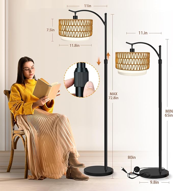 Arc Floor Lamp for Living Room with 3 Color Temperatures, Farmhouse Floor Lamps with Remote & Dimmable Bulb, Rattan Boho Standing Lamp with Fabric Shades, Adjustable Tall Lamp for Bedroom Office - LeafyLoom