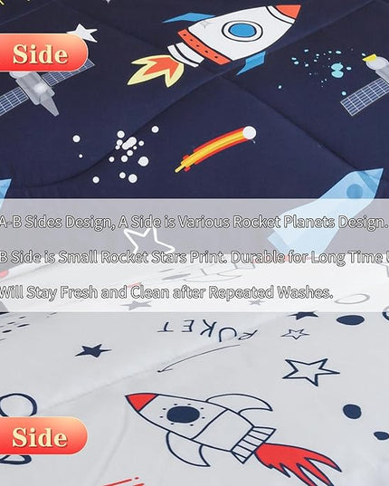RYNGHIPY Kids Comforter Set Full Size, Cute Space Rocket Bedding Set for Boys Girls, Space Themed Teen Boy Bedding (Space Rocket,Full) - LeafyLoom
