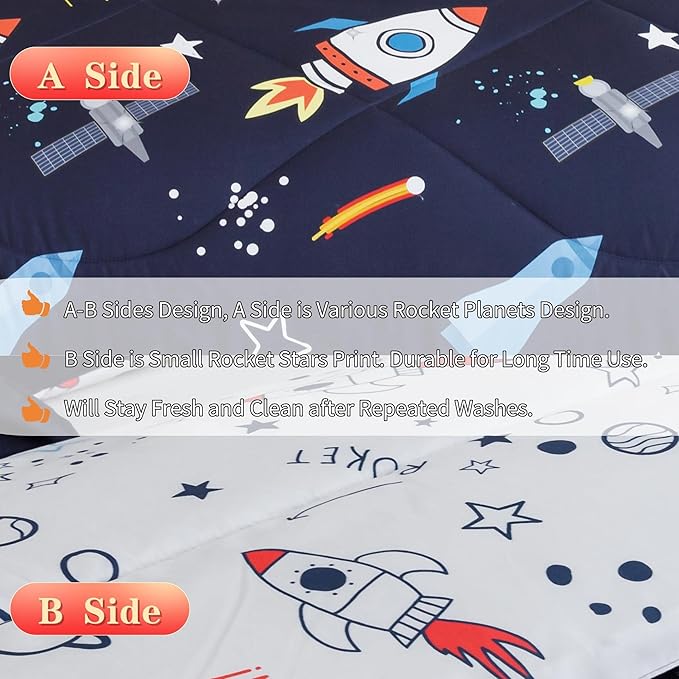 RYNGHIPY Kids Comforter Set Queen Size, Cute Space Rocket Bedding Set for Boys Girls, Space Themed Teen Boy Bedding (Space Rocket,Queen) - LeafyLoom
