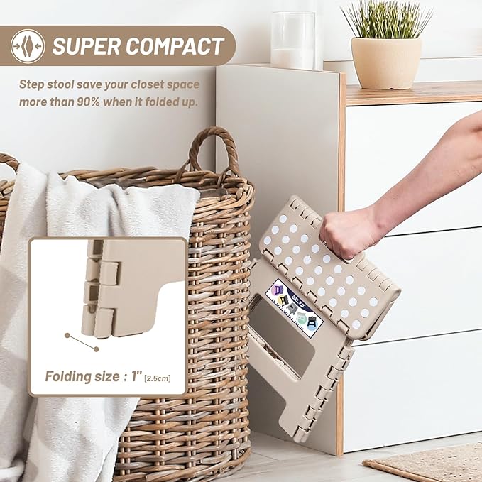 Delxo Folding Step Stool,9 Inch Lightweight Plastic Step Stool,Portable Collapsible Foldable Step Stool Non Slip Folding Stools for Kitchen Bathroom Bedroom in Khaki,1 Pack - LeafyLoom