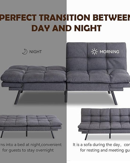 Futon Sofa Bed, Memory Foam Futon Sleeper Sofa Loveseat Convertible Couch Bed for Small Compact Living Spaces,Apartment,Grey Linen Fabric - LeafyLoom