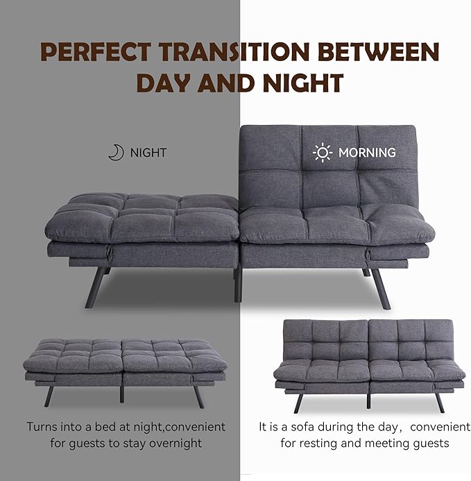 Futon Sofa Bed, Memory Foam Futon Sleeper Sofa Loveseat Convertible Couch Bed for Small Compact Living Spaces,Apartment,Grey Linen Fabric - LeafyLoom