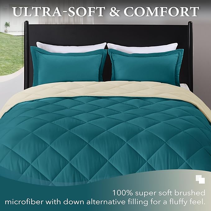 downluxe Queen Comforter Set - Teal Blue and White Queen Comforter, Soft Bedding Sets for All Seasons -3 Pieces - 1 Comforter (88"x92") and 2 Pillow Shams(20"x26") - LeafyLoom