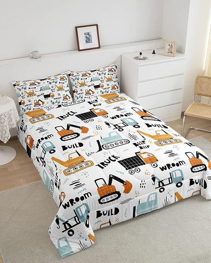 Kids Cartoon Excavator Bedding Set Boys Vehicles Truck Car Comforter Child Cute Building Equipment Comforter Set Funny Construction Transport Duvet Set Colorful Room Decor Full Size Boys - LeafyLoom