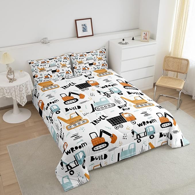 Kids Cartoon Excavator Bedding Set Boys Vehicles Truck Car Comforter Child Cute Building Equipment Comforter Set Funny Construction Transport Duvet Set Colorful Room Decor Full Size Boys - LeafyLoom