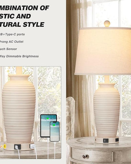 25" Farmhouse Jar Table Lamps Set of 2, 3 Way Touch Control Rustic Bedside Lamps with USB A+C Ports & AC Outlet, Pot Nightstand Lamps for Bedroom Living Room (LED Bulbs Included) - LeafyLoom