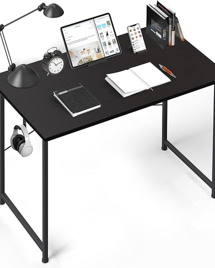 YSSOA Computer Desk Home Office Work Study Writing Modern Simple Table with Headphone Hooks, 40 Inch, Basic Black - LeafyLoom