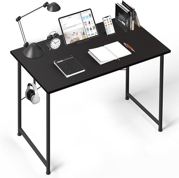YSSOA Computer Desk Home Office Work Study Writing Modern Simple Table with Headphone Hooks, 40 Inch, Basic Black - LeafyLoom