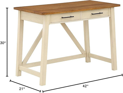 OSP Home Furnishings Milford Rustic 42 Inch Writing Desk with 2 Drawers and Burnished Decorative Hardware, Antique White - LeafyLoom