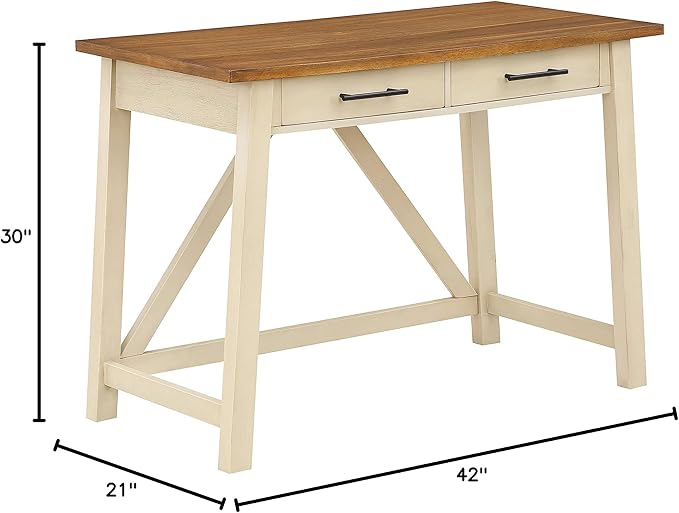 OSP Home Furnishings Milford Rustic 42 Inch Writing Desk with 2 Drawers and Burnished Decorative Hardware, Antique White - LeafyLoom