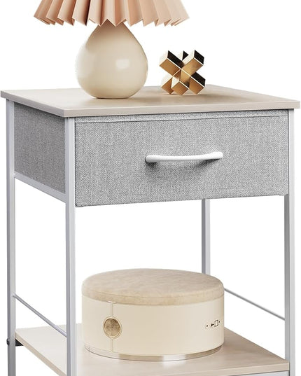 WLIVE Nightstand, End Table with Fabric Storage Drawer and Open Wood Shelf, Bedside Furniture with Steel Frame, Side Table for Bedroom, Dorm, Easy Assembly, Light Grey - LeafyLoom