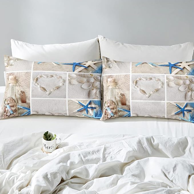 Erosebridal Beach Comforter Set, Ocean Themed Bedding Set Queen Size Coastal Nature Duvet Sets Starfish Love Heart Bedding Comforters for Kids Boys Girls Teens Adult Bedroom Decor - LeafyLoom