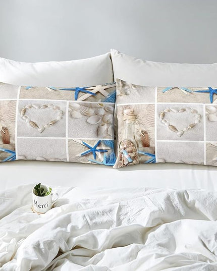Erosebridal Beach Comforter Set, Ocean Themed Bedding Set King Size Coastal Nature Duvet Sets Starfish Love Heart Bedding Comforters for Kids Boys Girls Teens Adult Bedroom Decor - LeafyLoom