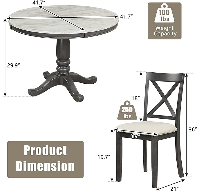 NicBex Dining Table Set Kitchen & Dining Room Tables 5 Pieces Dining Table and Chairs Set for 4 Persons, Kitchen Room Solid Wood Table with 4 Chairs for Small Space, Gray - LeafyLoom
