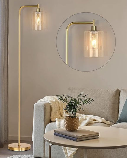 QiMH Industrial Floor Lamp for Living Room, Modern Standing Lamp with HD Glass Lampshade and Pedal Switch, 67” Tall Pole Light for Bedroom Study Room, Brushed Gold (2700K LED Bulb Included) - LeafyLoom