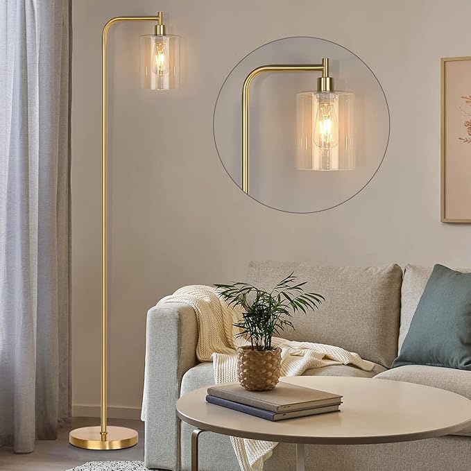 QiMH Industrial Floor Lamp for Living Room, Modern Standing Lamp with HD Glass Lampshade and Pedal Switch, 67” Tall Pole Light for Bedroom Study Room, Brushed Gold (2700K LED Bulb Included) - LeafyLoom