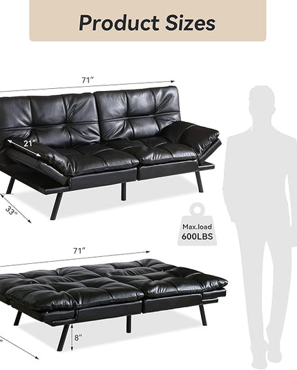 Memory Foam Faux Leather Futon Sofa Bed Couch,Convertible Futon Sofa Couch,Loveseat Sleeper Sofa Bed,Small Splitback Modern Sofa Bed for Living Room,Office,Apartment,Bright Black - LeafyLoom