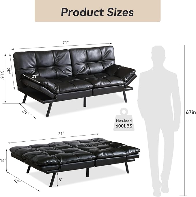 Memory Foam Faux Leather Futon Sofa Bed Couch,Convertible Futon Sofa Couch,Loveseat Sleeper Sofa Bed,Small Splitback Modern Sofa Bed for Living Room,Office,Apartment,Bright Black - LeafyLoom