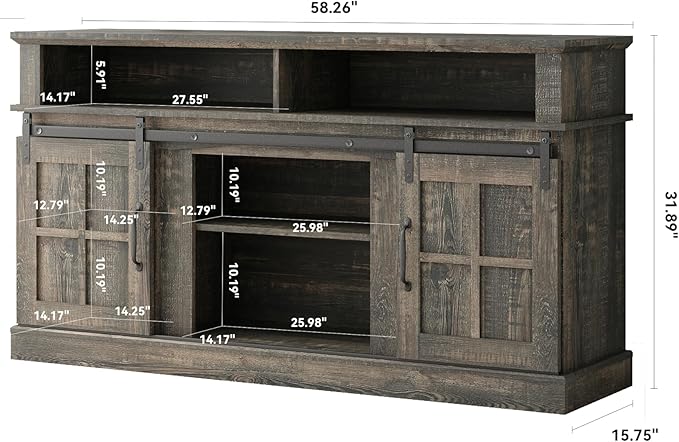 TV Stand with 2 Sliding Barn Doors, 58 Inch TV Stand with Storage Cabinet and Shelves, Television Stands with Storage for Living Room, Bedroom, Antique Brown - LeafyLoom