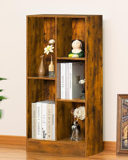 LEYAOYAO 5 Cube Mid-Century Modern Brown Wood Bookcase, 3 Tier Storage Organizer Shelf, Rustic Display Cabinet for Bedroom, Living Room, Office - LeafyLoom