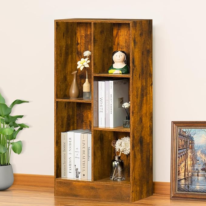 LEYAOYAO 5 Cube Mid-Century Modern Brown Wood Bookcase, 3 Tier Storage Organizer Shelf, Rustic Display Cabinet for Bedroom, Living Room, Office - LeafyLoom
