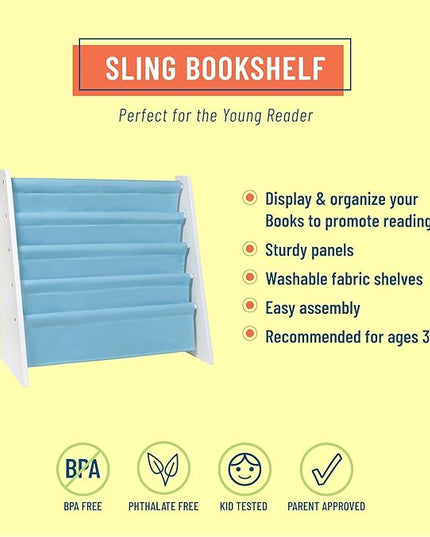 Wildkin Kids Canvas Sling Bookshelf for Boys and Girls, Wooden Design Features Four Fabric Shelves, Keep Bedrooms, Playrooms, and Classrooms Organized, an Ideal Kids Bookshelf (White w/Aqua) - LeafyLoom