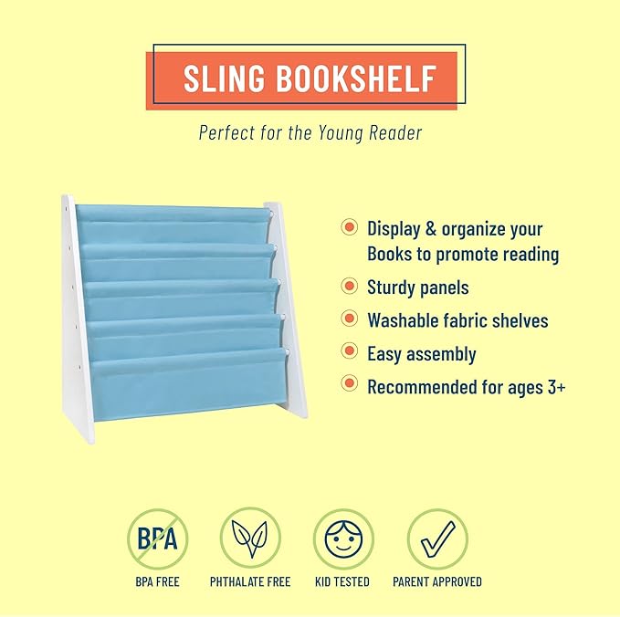 Wildkin Kids Canvas Sling Bookshelf for Boys and Girls, Wooden Design Features Four Fabric Shelves, Keep Bedrooms, Playrooms, and Classrooms Organized, an Ideal Kids Bookshelf (White w/Aqua) - LeafyLoom