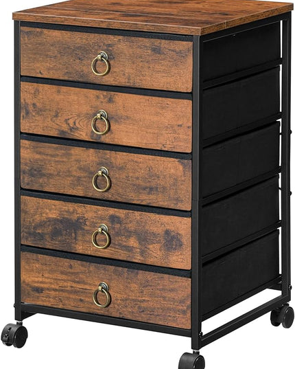 HOOBRO 5-Drawer Chest, File Cabinet, Office Cabinet with Drawers, Rolling Printer Stand, Filing Cabinet for Living Room, Home Office, Nonwovens Drawer, Easy Assembly, Rustic Brown BF50WJ01 - LeafyLoom