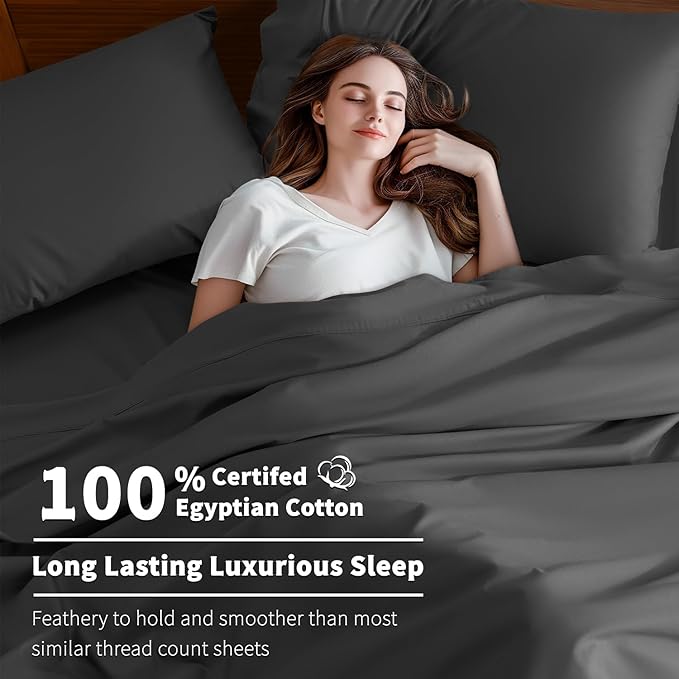 Shilucheng 100% Cotton King Size Sheets Set - 600 Thread Count，Luxury Egyptian Cotton Bed Sheets，5-Star Hotel Quality Sheets, Breathable & Cooling, 16 Inch Deep Pocket - 4 Piece (Black, King) - LeafyLoom