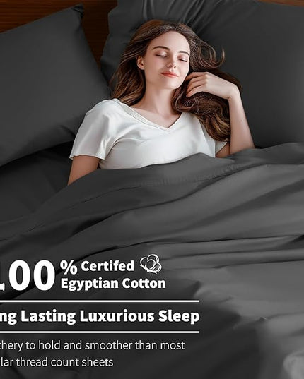 Shilucheng 100% Cotton Sheets Set - 600 Thread Count，Luxury Egyptian Cotton Bed Sheets，5-Star Hotel Quality Sheets, Breathable & Cooling, 16 Inch Deep Pocket - 4 Piece (Black, Full) - LeafyLoom