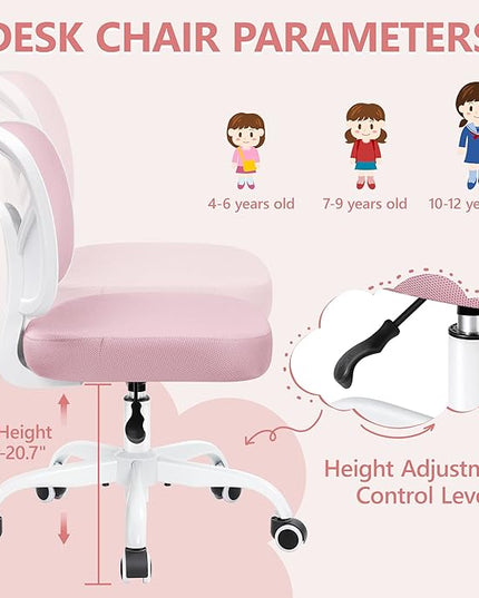 Primy Kids Desk Chair, Pink Study Chair for Boys Girls with Height Adjustable, Swivel Mesh Task Student Chairs for 4-12, Growing Teen Office Chair for Home/School/Office (Pink) - LeafyLoom