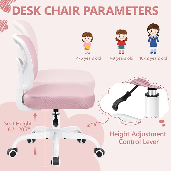 Primy Kids Desk Chair, Pink Study Chair for Boys Girls with Height Adjustable, Swivel Mesh Task Student Chairs for 4-12, Growing Teen Office Chair for Home/School/Office (Pink) - LeafyLoom
