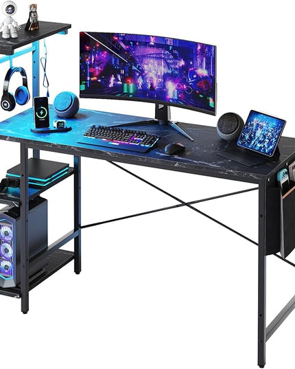 Bestier Gaming Desk with LED Lights, Computer Desk with 4 Tiers Reversible Shelves, 51.3 Inch Gamer Desk with Side Storage Bag, Hooks and Height Adjustable Shelf (Black Marble) - LeafyLoom