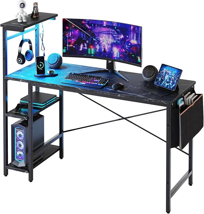 Bestier Gaming Desk with LED Lights, Computer Desk with 4 Tiers Reversible Shelves, 51.3 Inch Gamer Desk with Side Storage Bag, Hooks and Height Adjustable Shelf (Black Marble) - LeafyLoom