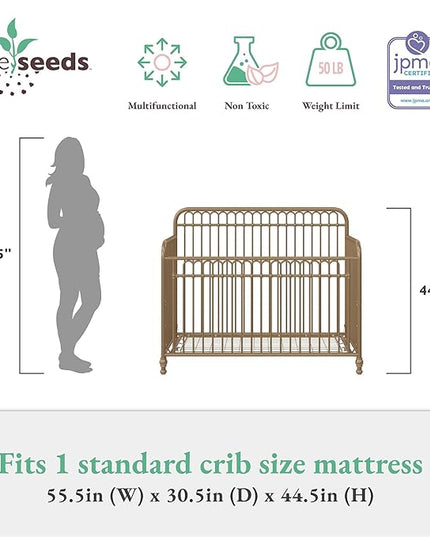 Little Seeds Ivy 3-in-1 Convertible Metal Crib, JMPA Certified, Gold - LeafyLoom