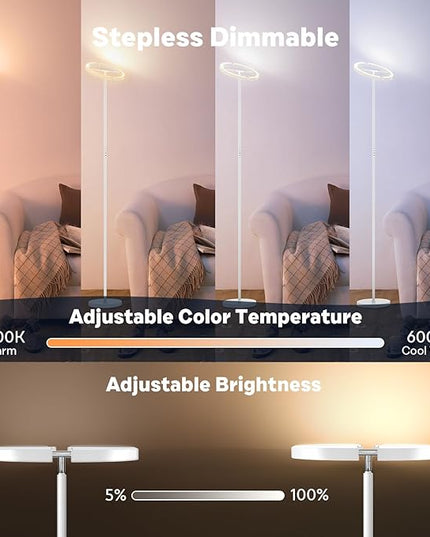 White RGBCW Floor Lamp, Bright Color Changing RGB Standing Lamp, Modern Stepless Dimmable LED Tall Lamp with Remote Control, 20W 3000-6000K Floor Lamps for Living Room, Bedroom, Office - LeafyLoom