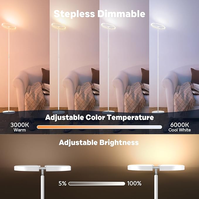 White RGBCW Floor Lamp, Bright Color Changing RGB Standing Lamp, Modern Stepless Dimmable LED Tall Lamp with Remote Control, 20W 3000-6000K Floor Lamps for Living Room, Bedroom, Office - LeafyLoom
