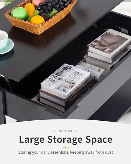 FDW Lift Top Coffee Table with Hidden Compartment and Storage Shelf Wooden Lift Tabletop for Home Living Room Reception Room Office (Black) - LeafyLoom
