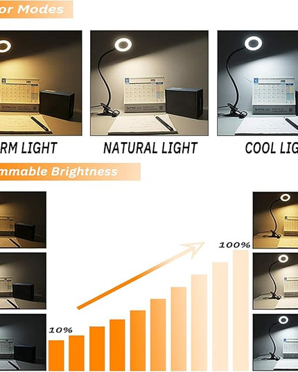 Lypumso Desk Lamp with Adapter, LED Reading Lamp Clip on Light, 3 Color Modes 10 Dimmable Brightness, Perfect Clamp Lamp for Home Office Studying Working Makeup Craft - LeafyLoom