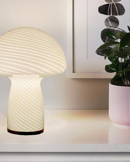 Mushroom Lamp,Glass Table Bedside Lamps,Translucent Vintage Style Striped Small Night Mushroom Decor Light for Ambient,Kids,Bedroom,Living,Gift (Stripe White) - LeafyLoom