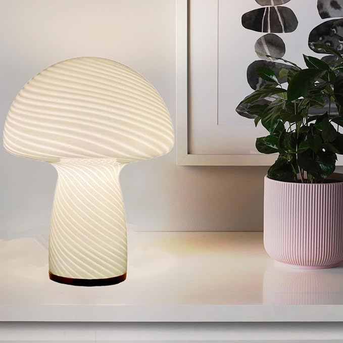 Mushroom Lamp,Glass Table Bedside Lamps,Translucent Vintage Style Striped Small Night Mushroom Decor Light for Ambient,Kids,Bedroom,Living,Gift (Stripe White) - LeafyLoom