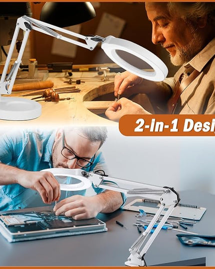 Veemagni 10X Magnifying Glass with Light, 5 Color Modes Stepless Dimmable 2-in-1 Desk Lamp and Clamp, LED Lighted Magnifier with Light and Stand, Hands Free for Craft Hobby Painting Close Work - White - LeafyLoom