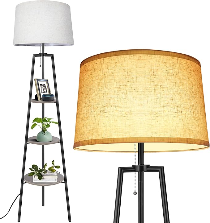 OUTON Tripod Floor Lamp with Shelves, Modern Shelf Floor Lamp with 3 Color Temperature, LED Dimmable Tall Standing Corner Lamp with Beige Linen Texture Shade for Living Room, Bedroom, Office, Grey - LeafyLoom